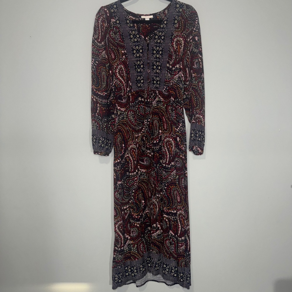 Knox Rose Womens Paisley Long Sleeve Maxi Dress Burgundy Navy Boho V-Neck‎ Small